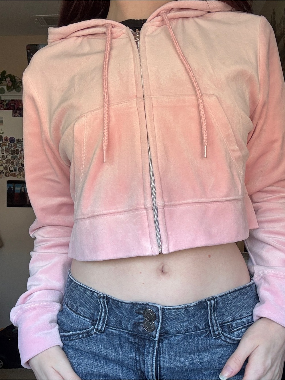 Y2k Pink Velour Cropped Zip-Up Jacket